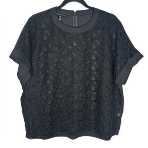 Ming Wang Medium Black Eyelet Lace Chiffon Back Short Sleeve Boxy Blouse